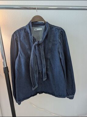 Zara Dark Wash Denim Tie-Neck Blouse